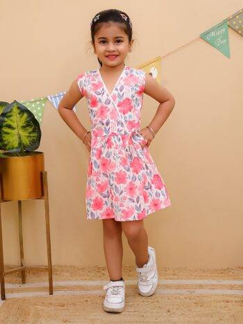 Varnitaa Floral Wrap Dress – Pink Petals on White | Girls' Cotton Party Dress