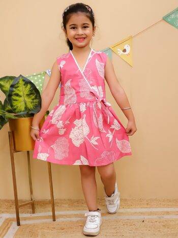 Rose Pink Floral Wrap Dress for Girls – Sleeveless Cotton Frock | Varnitaa Kidswear