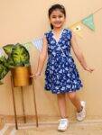 Girls Floral Wrap Dress – Navy Blue Cotton Summer Frock | Sleeveless Party Wear for Kids