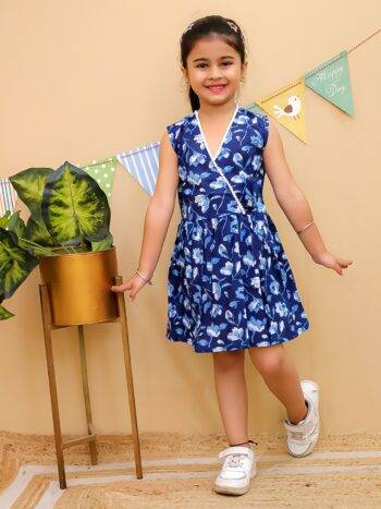 Girls Floral Wrap Dress – Navy Blue Cotton Summer Frock | Sleeveless Party Wear for Kids