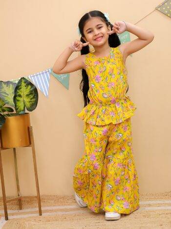 Girls Cotton Sharara Set – Yellow Floral Printed Ethnic Co-ord for Kids