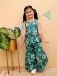 Girls Cotton Sharara Set – Pale Green Floral Printed Ethnic Co-Ord for Kids