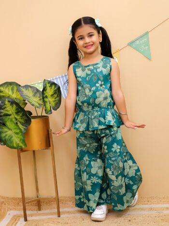 Girls Cotton Sharara Set – Pale Green Floral Printed Ethnic Co-Ord for Kids